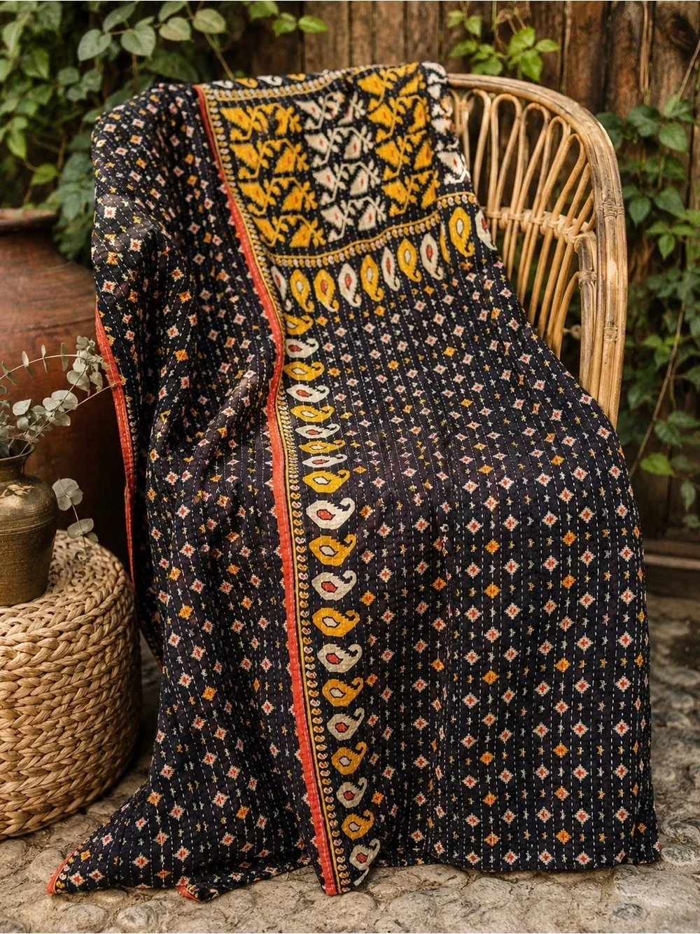 Vintage Handmade Printed Kantha Quilt India Sari Throw Blanket Twin 52x80
